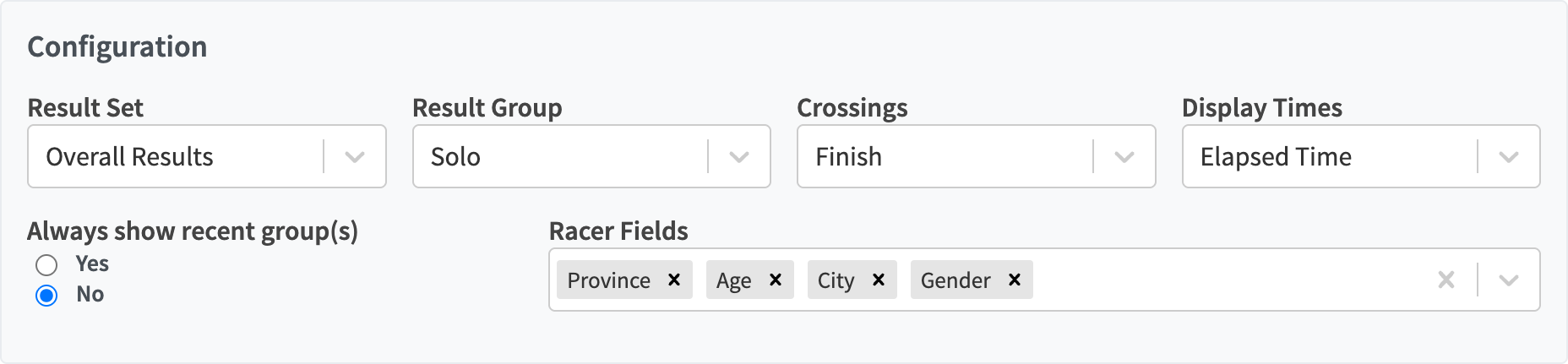 Full Page Results configuration with result set, group, crossing, display times, automation, and racer fields
