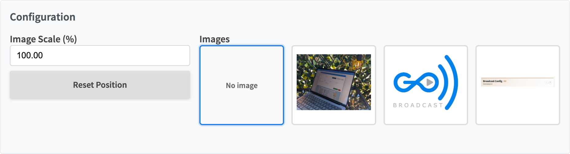 Image View configuration with an image library selection and scale control