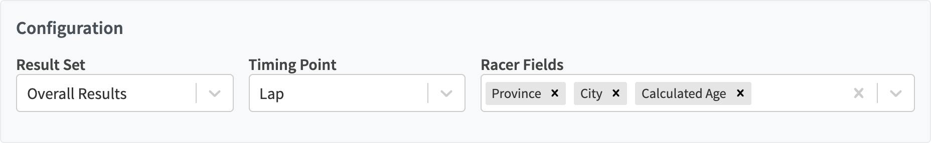 Latest Crossing controls for result set, timing point, and racer fields
