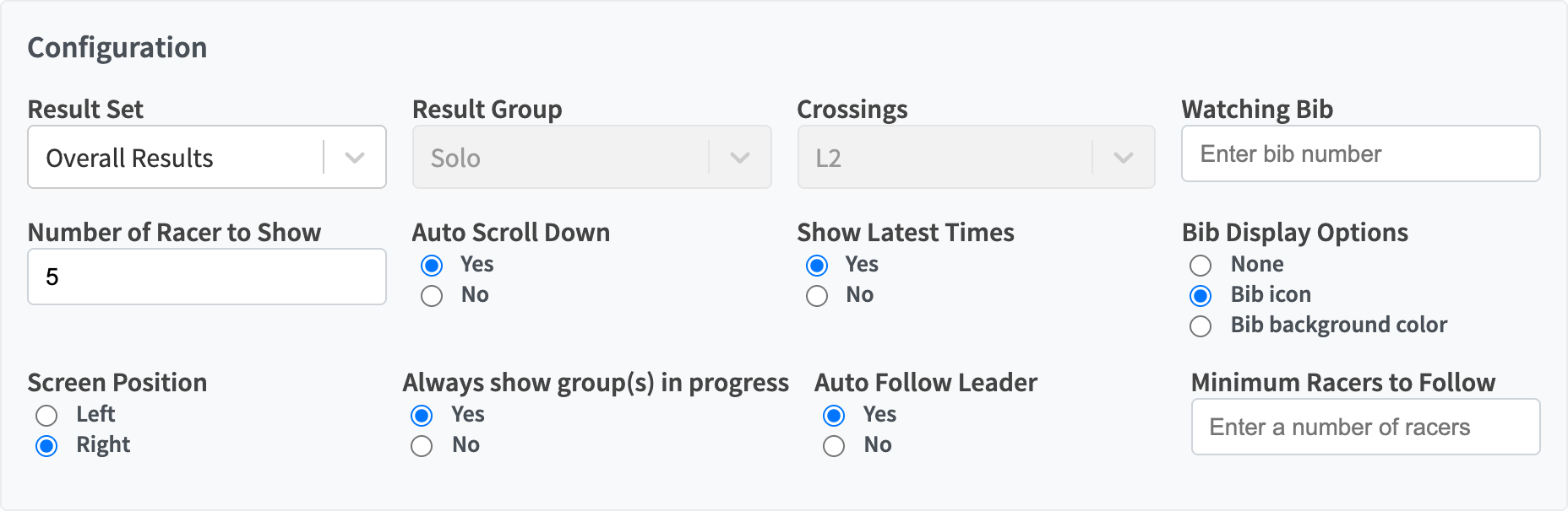Live Splits configuration showing result, watching, row, bib, and automation controls