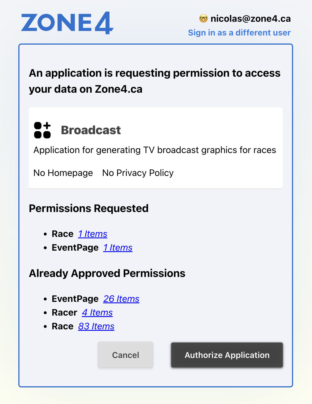 Zone4 authorization screen for the Broadcast application