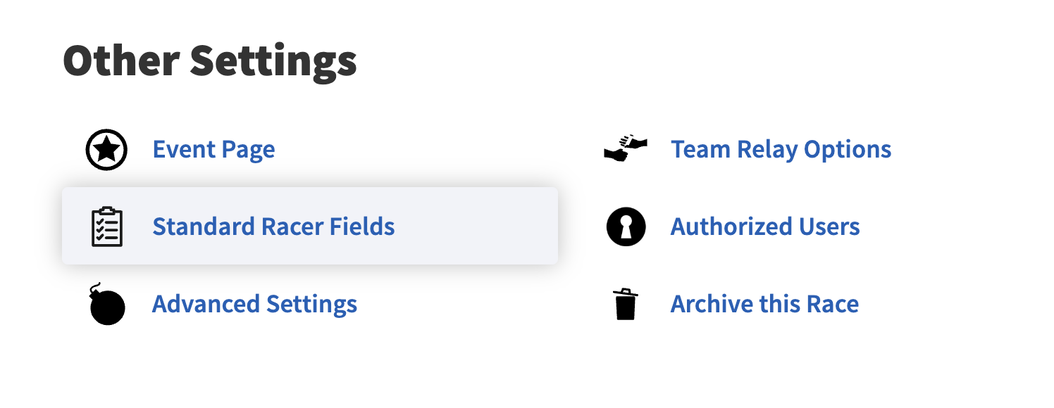 Race settings menu with Standard Racer Fields selected