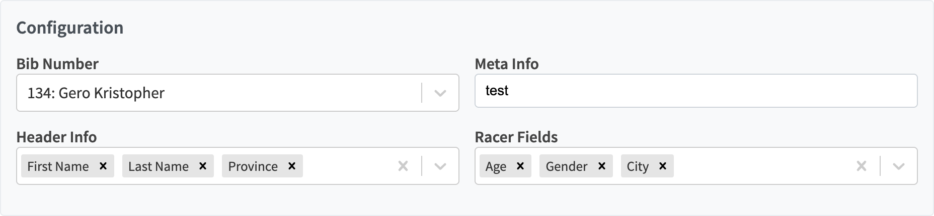 Single Athlete controls for bib number, meta information, header information, and racer fields