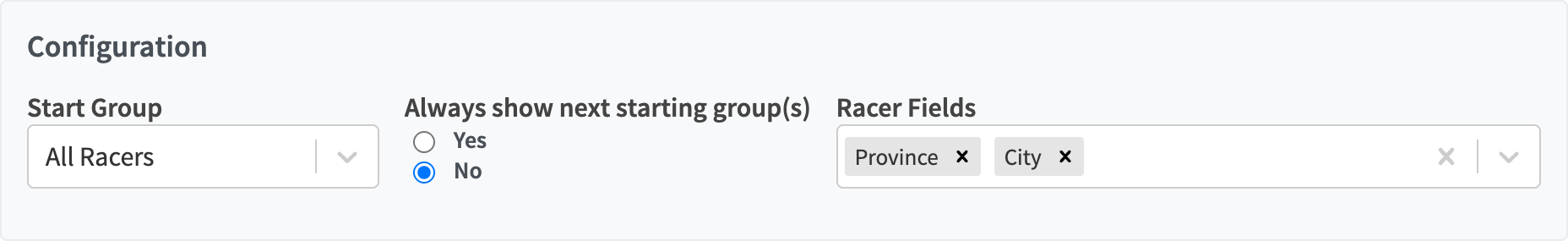 Start List controls with a selected start group and racer fields