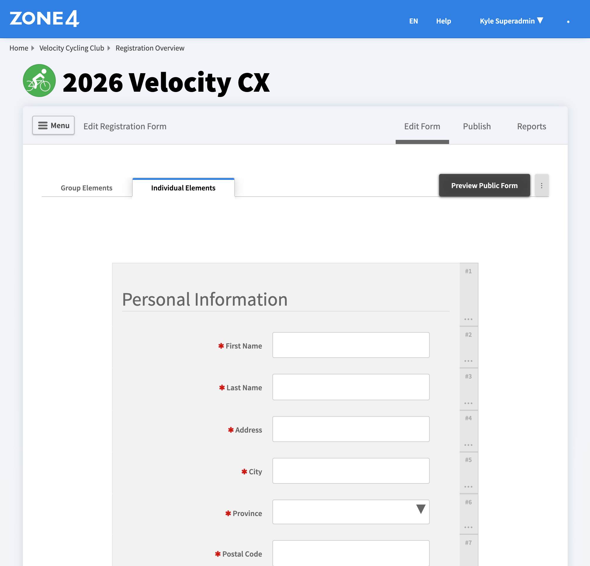 The Publish tab in a registration form's navigation