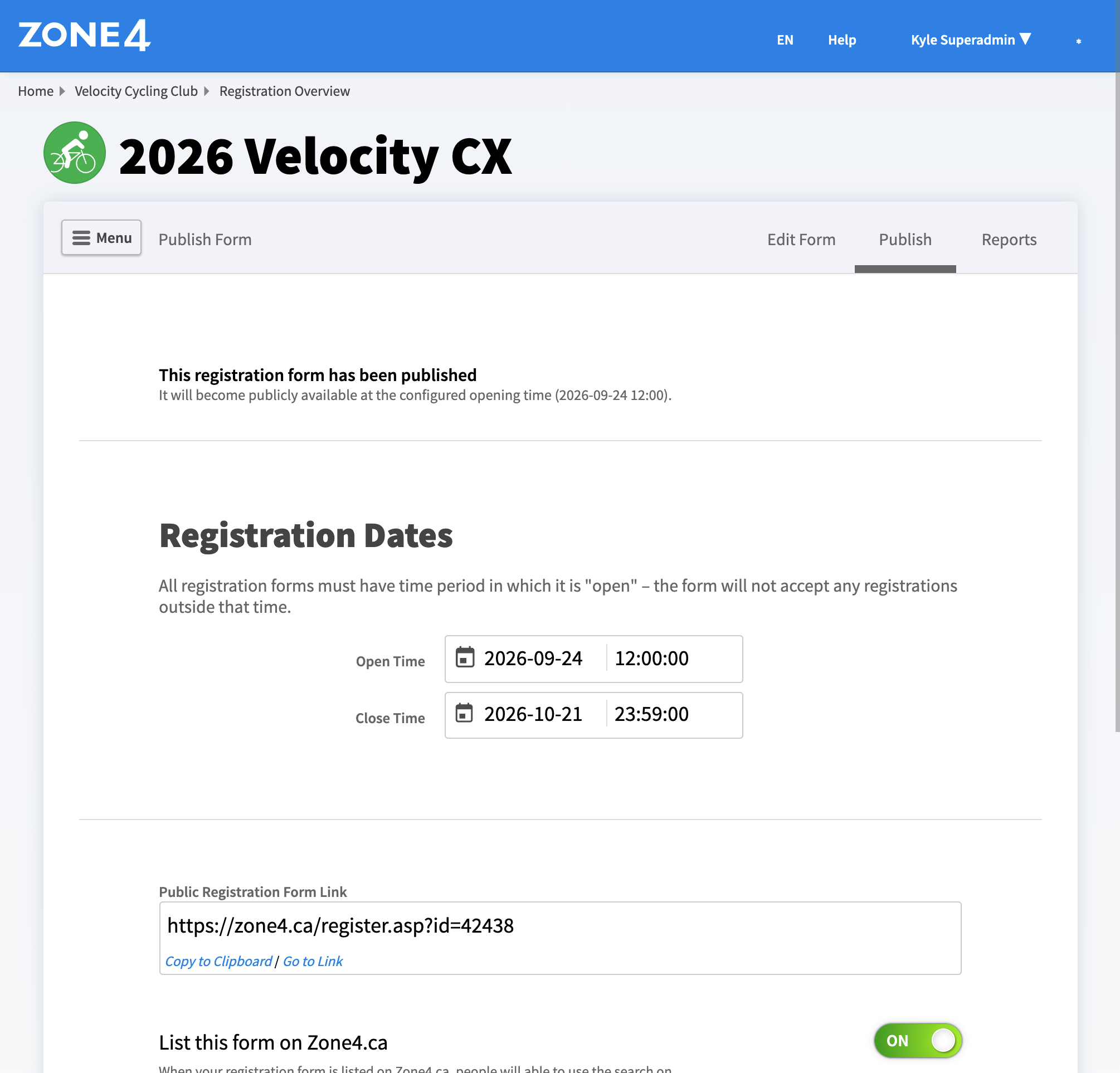 Open Time and Close Time fields on the Publish page