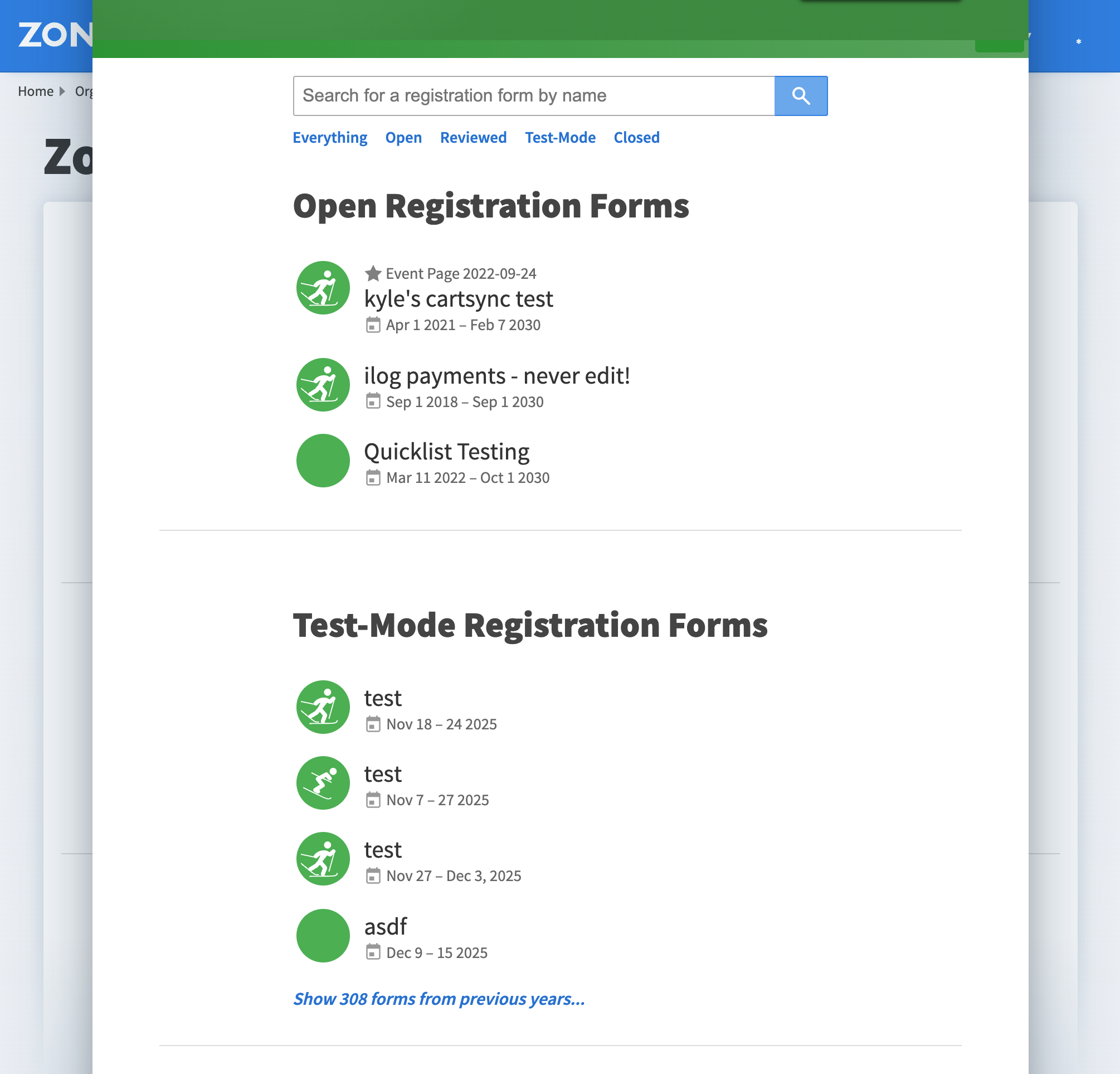 Registration list showing the Test-Mode link and test-mode forms