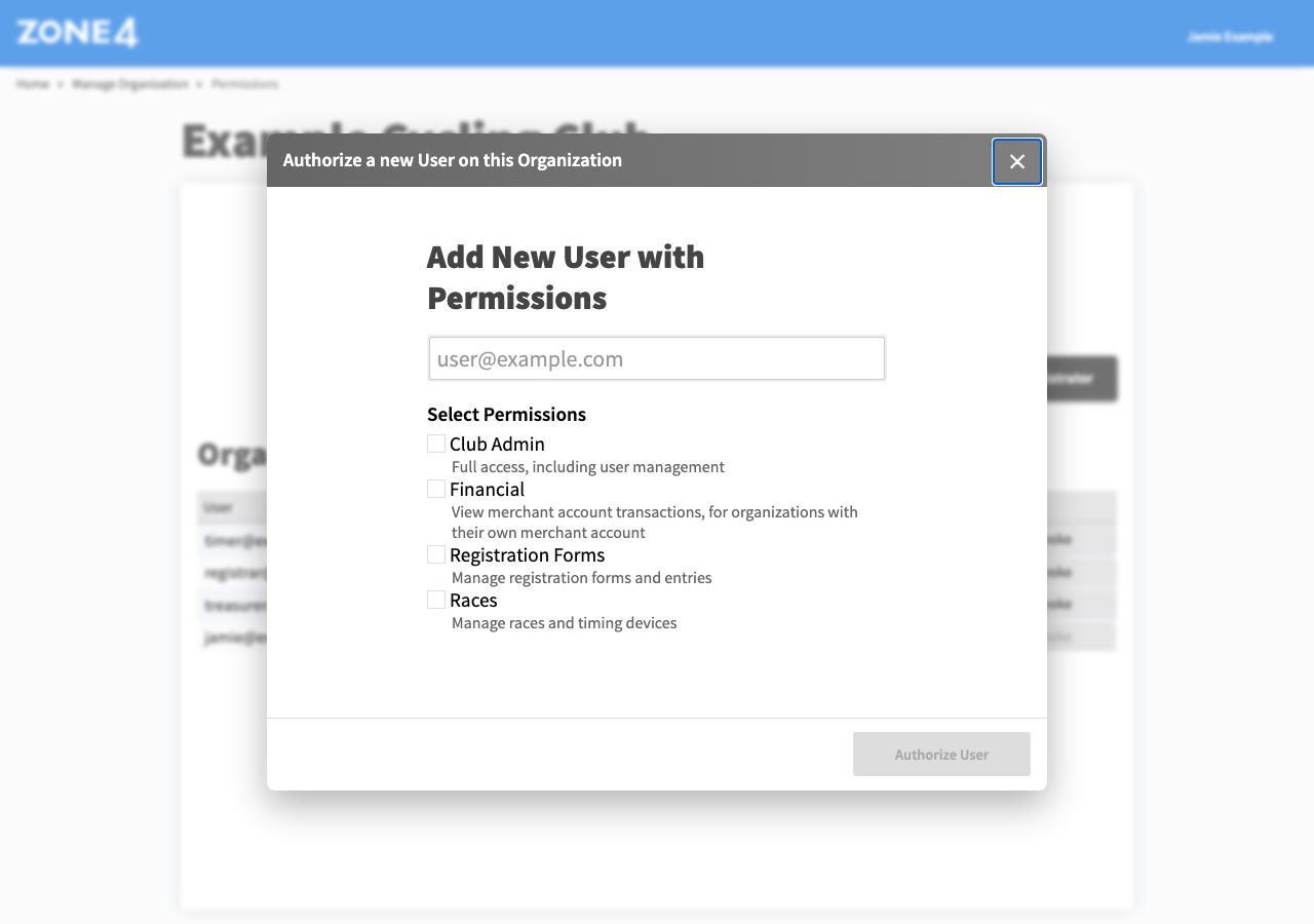 The Authorize a new User on this Organization window, with an email field and checkboxes for Club Admin, Financial, Registration Forms and Races