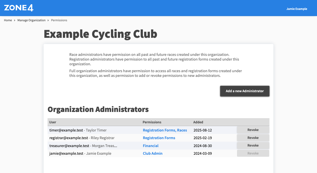 The organization Permissions page, with an Add a new Administrator button above a table of administrators showing each user's permissions, the date they were added, and a Revoke button