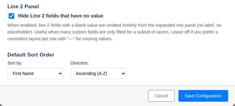 Line 2 Panel and Default Sort Order