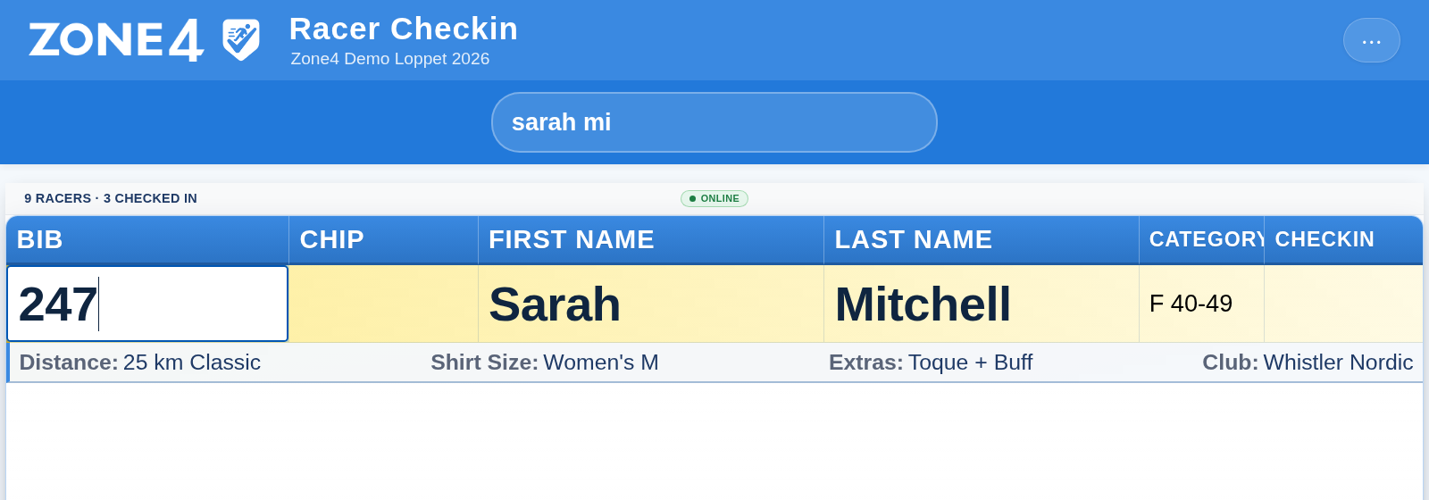 Typing a bib number for the racer