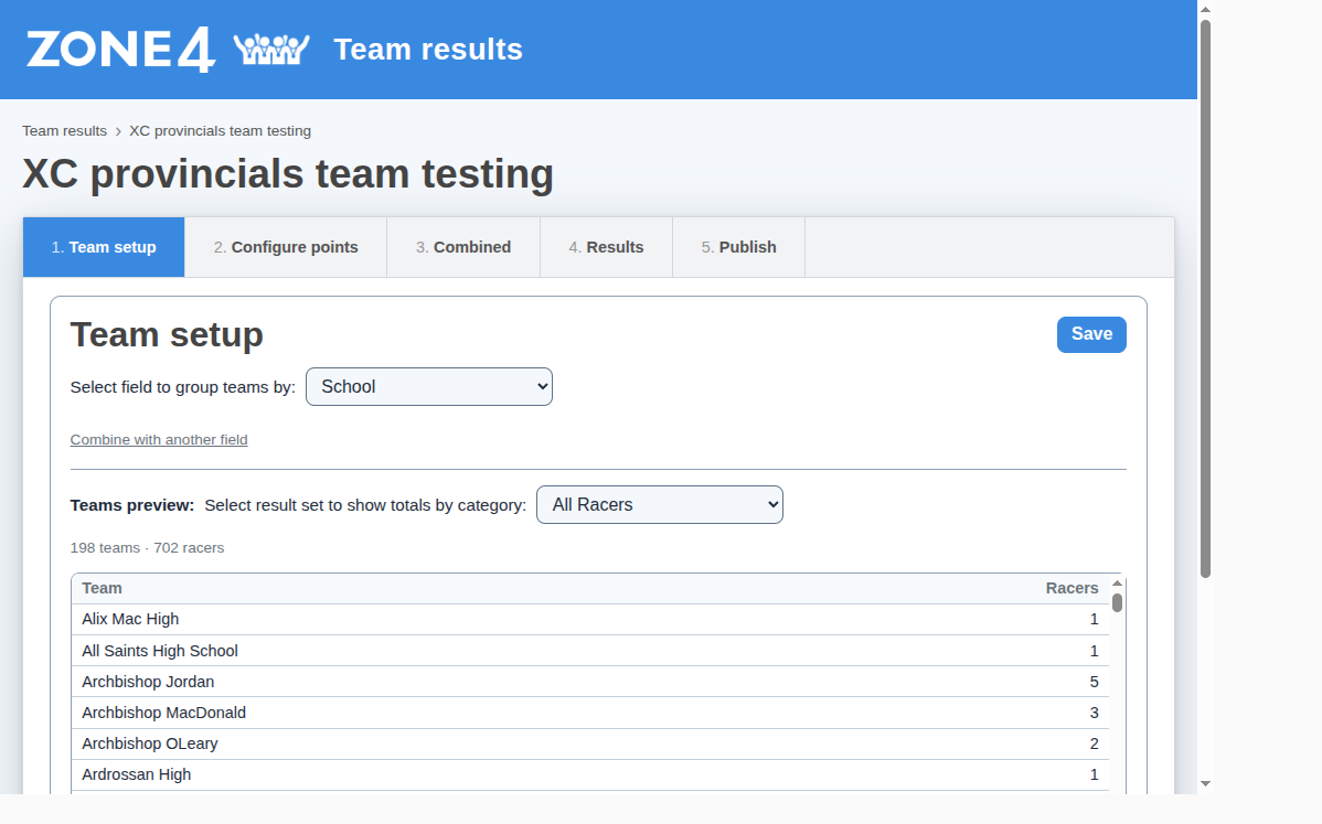 Choosing the School field on Team setup
