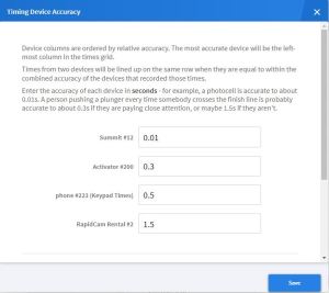 Timing Device Accuracy Window with the Summit set to 0.01 seconds, activator to 0.3 seconds, phone to 0.5 seconds